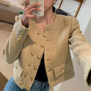 Fashionkova Lucyever Vintage Women's Tweed Jackets Elegant Chic Double-Breasted with Pocket Jacket Ladies Korean Fashion O-Neck Short Coat