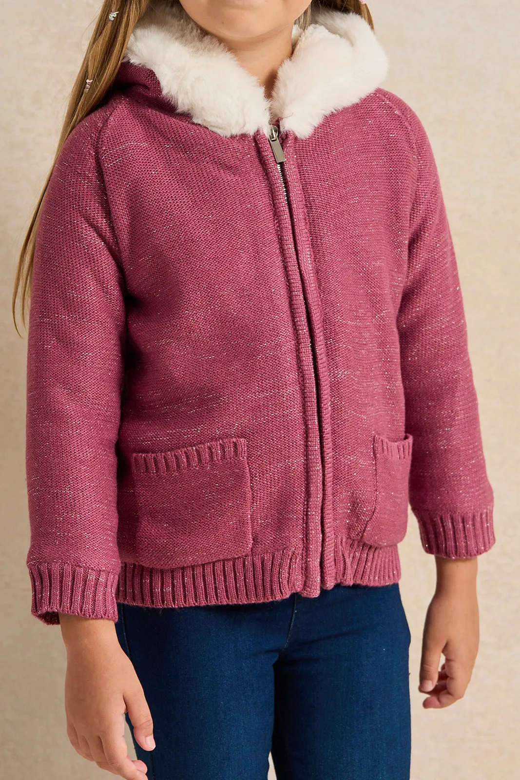 Girls Burgundy Zip Thru Cardigan With Sherpa Lining