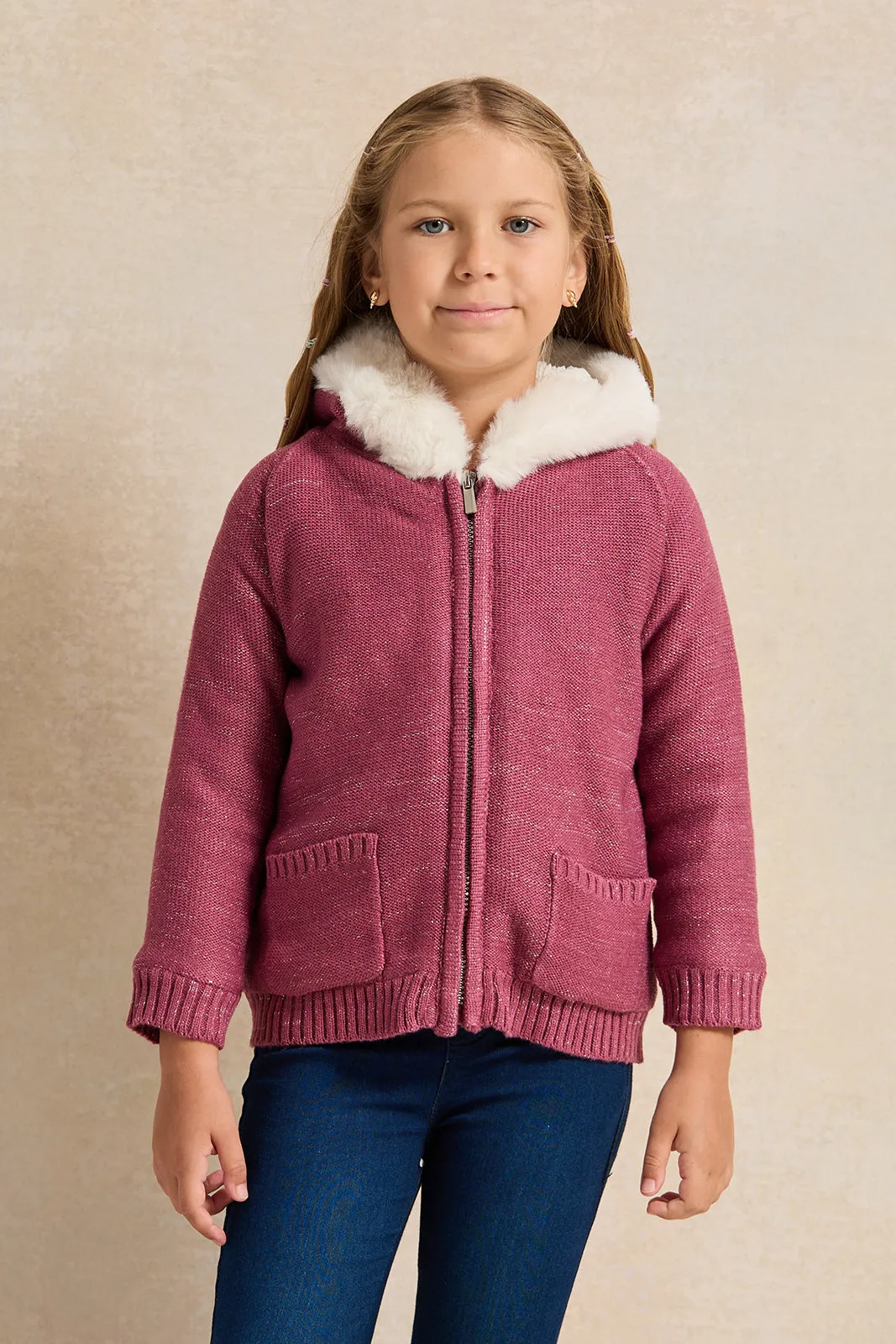 Girls Burgundy Zip Thru Cardigan With Sherpa Lining