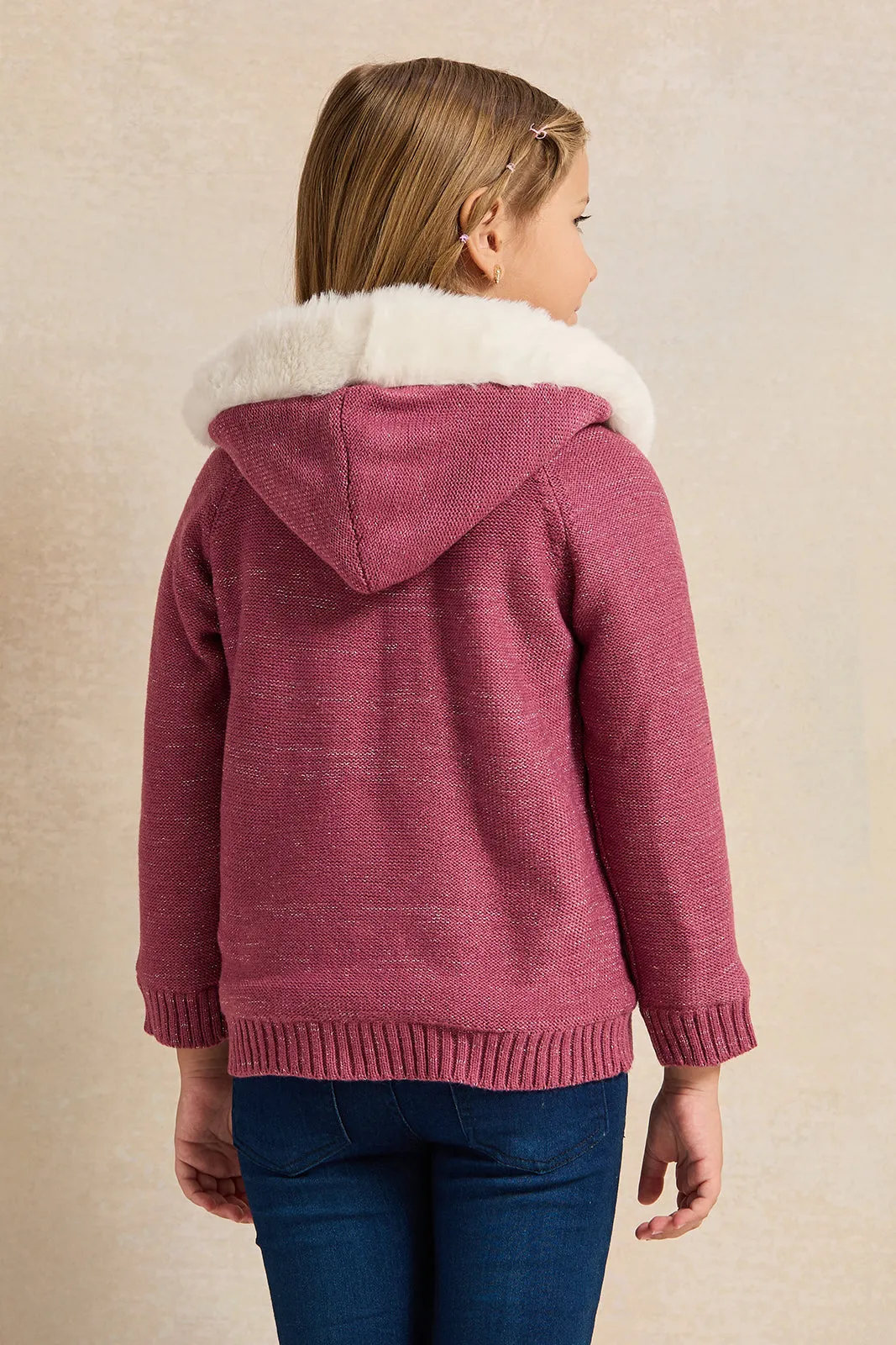 Girls Burgundy Zip Thru Cardigan With Sherpa Lining