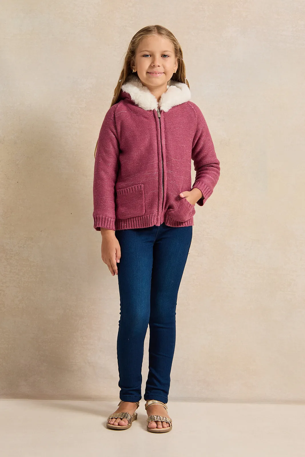 Girls Burgundy Zip Thru Cardigan With Sherpa Lining