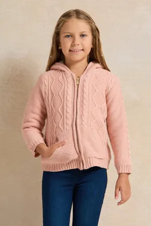 Girls Pink Zip Thru Hooded Cardigan