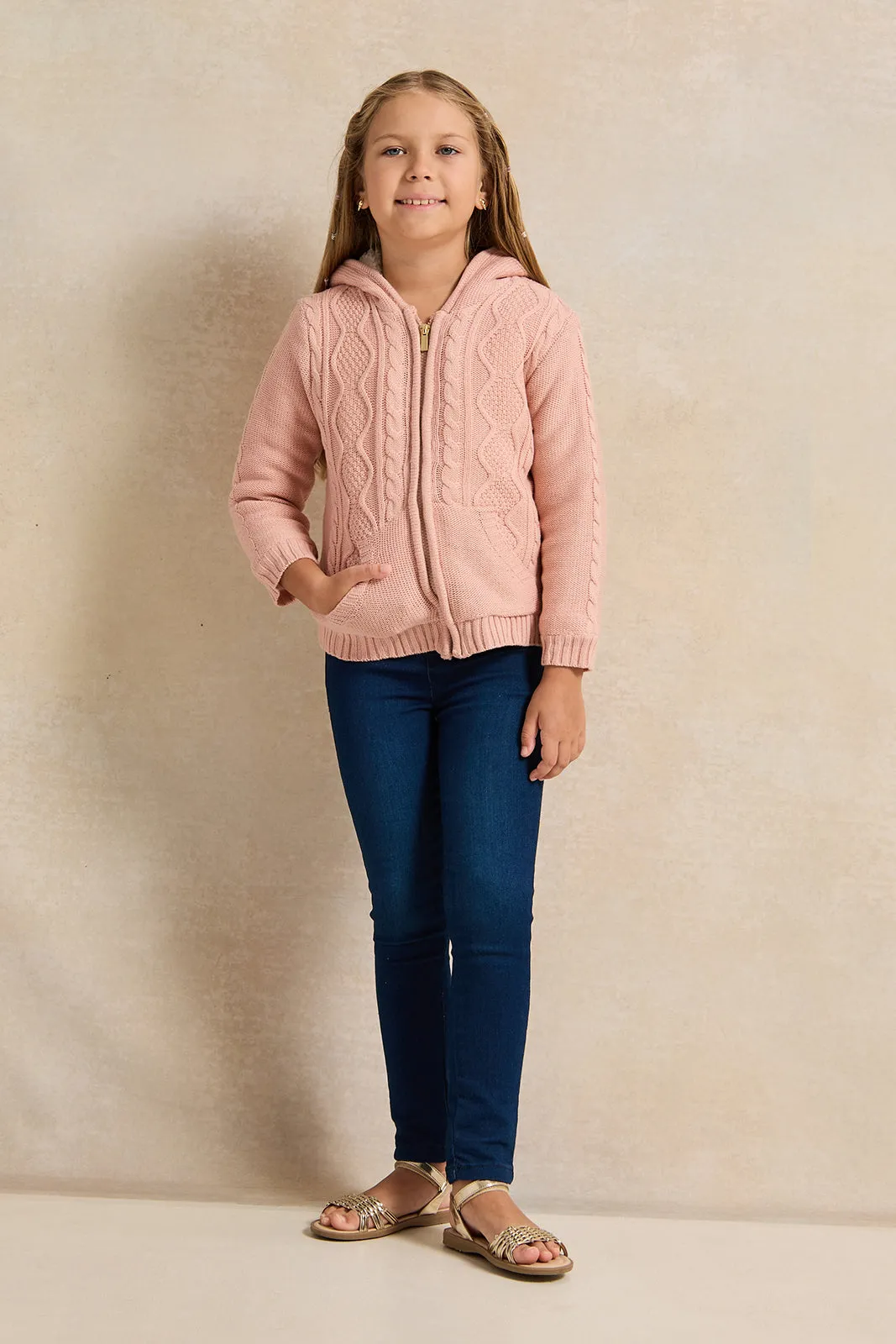 Girls Pink Zip Thru Hooded Cardigan