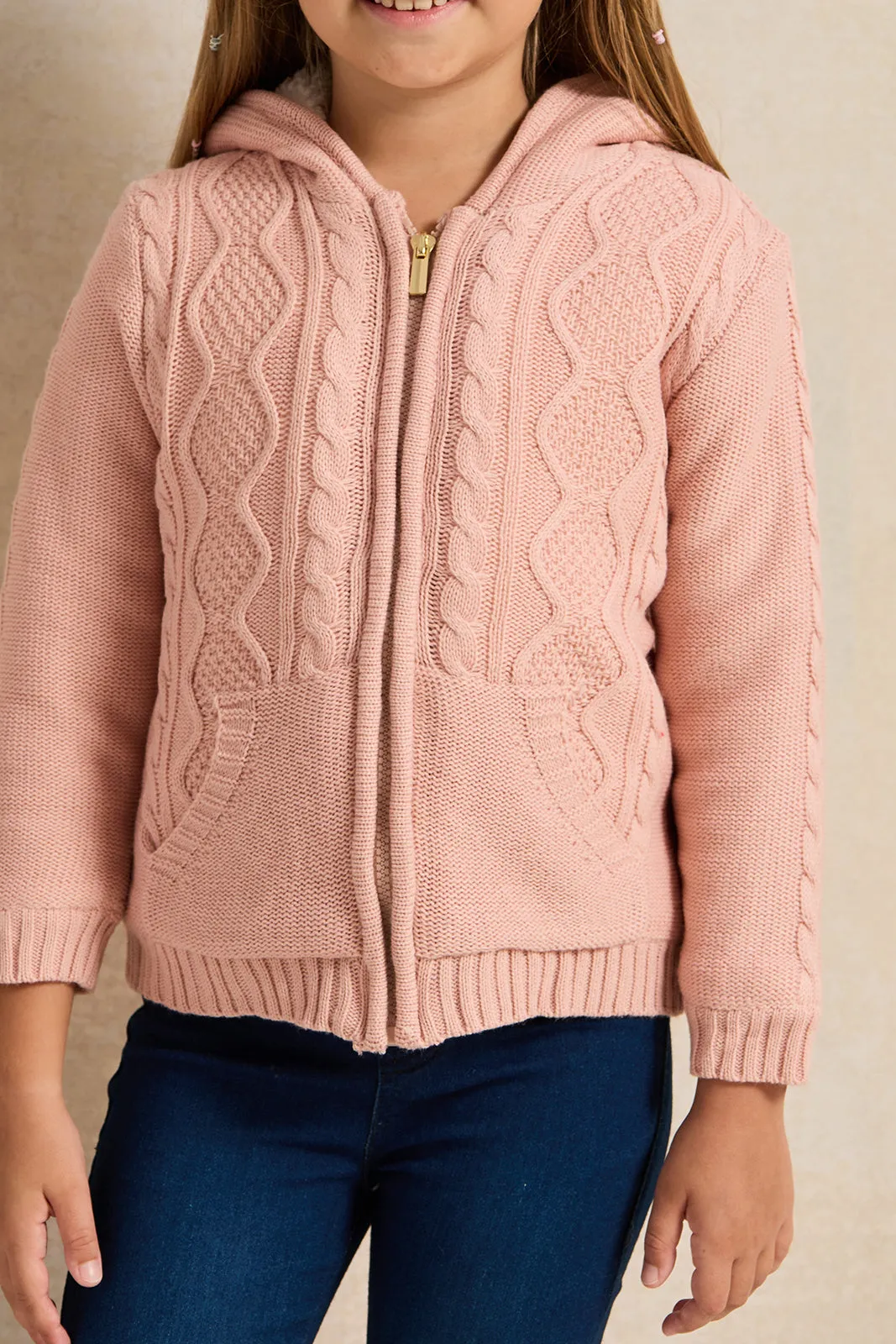 Girls Pink Zip Thru Hooded Cardigan