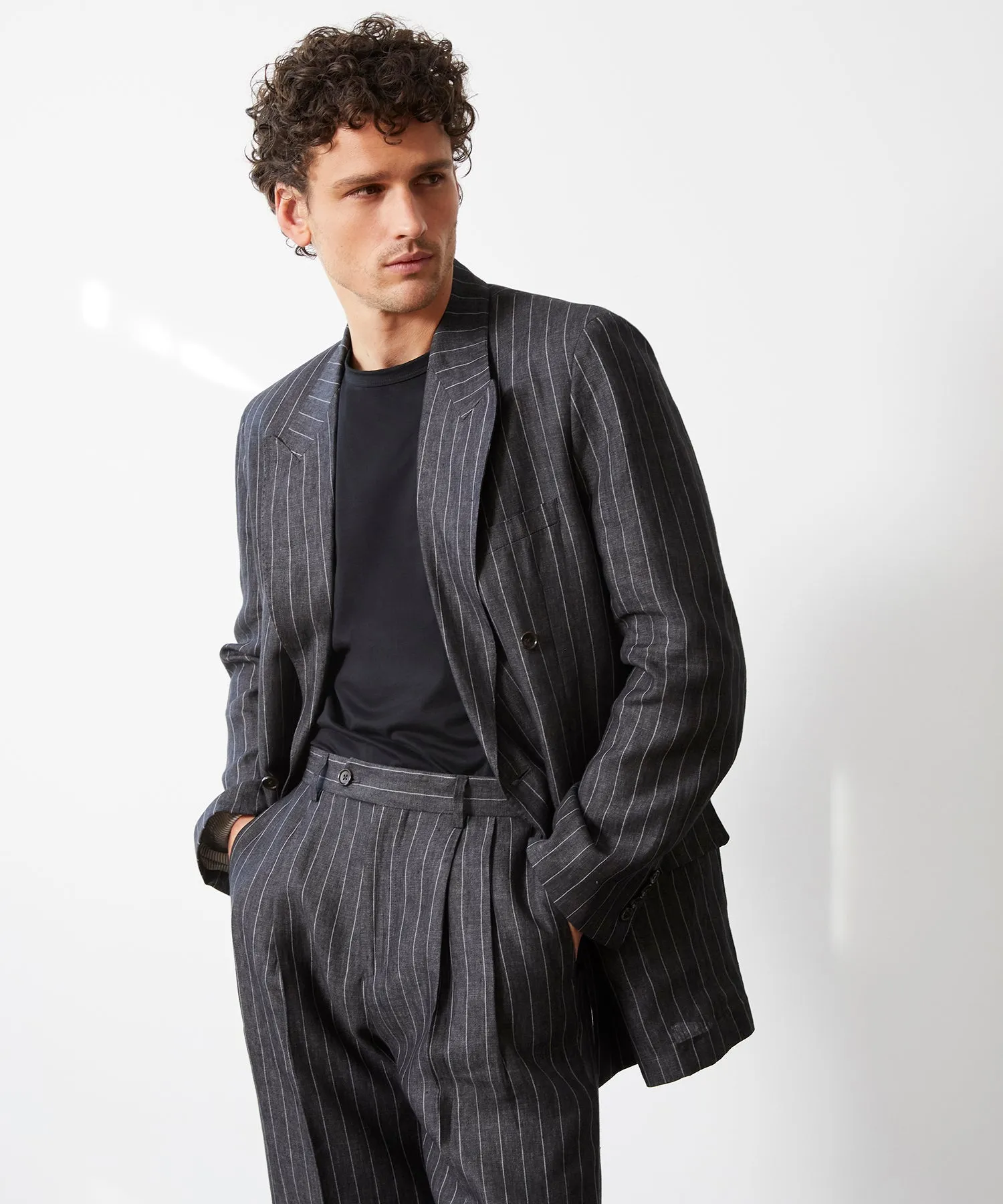 Italian Linen Wythe Suit Jacket in Charcoal Pinstripe