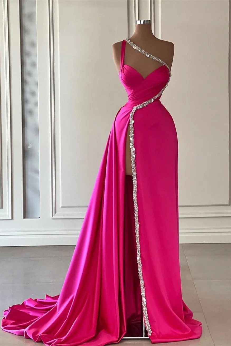 kamahe Elegant Long Fuchsia One Shoulder Jewels Sleeveless Prom Dresses Long Slit Online