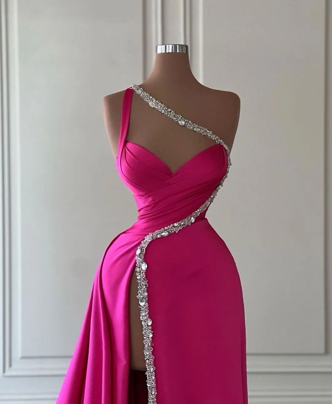 kamahe Elegant Long Fuchsia One Shoulder Jewels Sleeveless Prom Dresses Long Slit Online