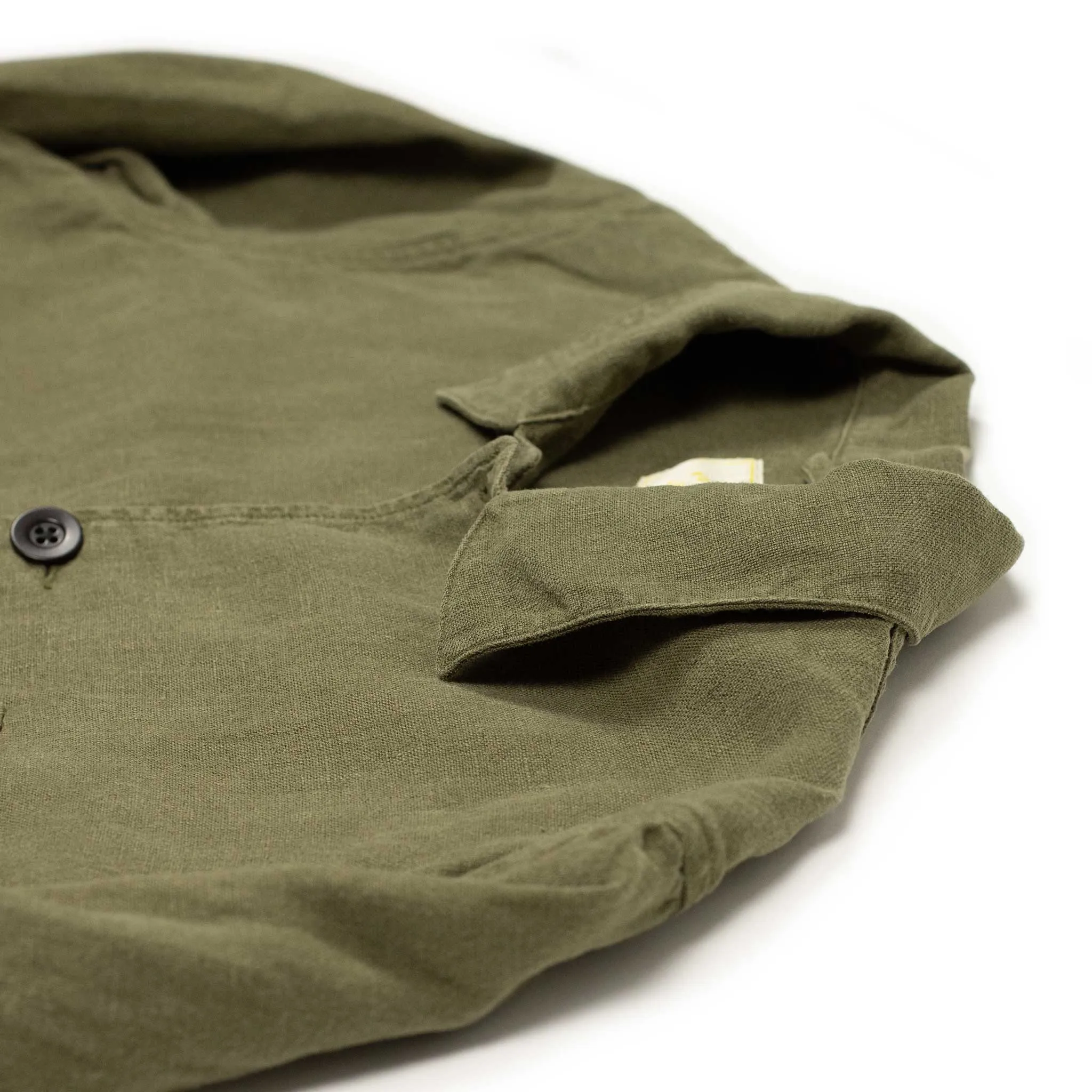 Labura unlined chore jacket in olive washed linen (restock)