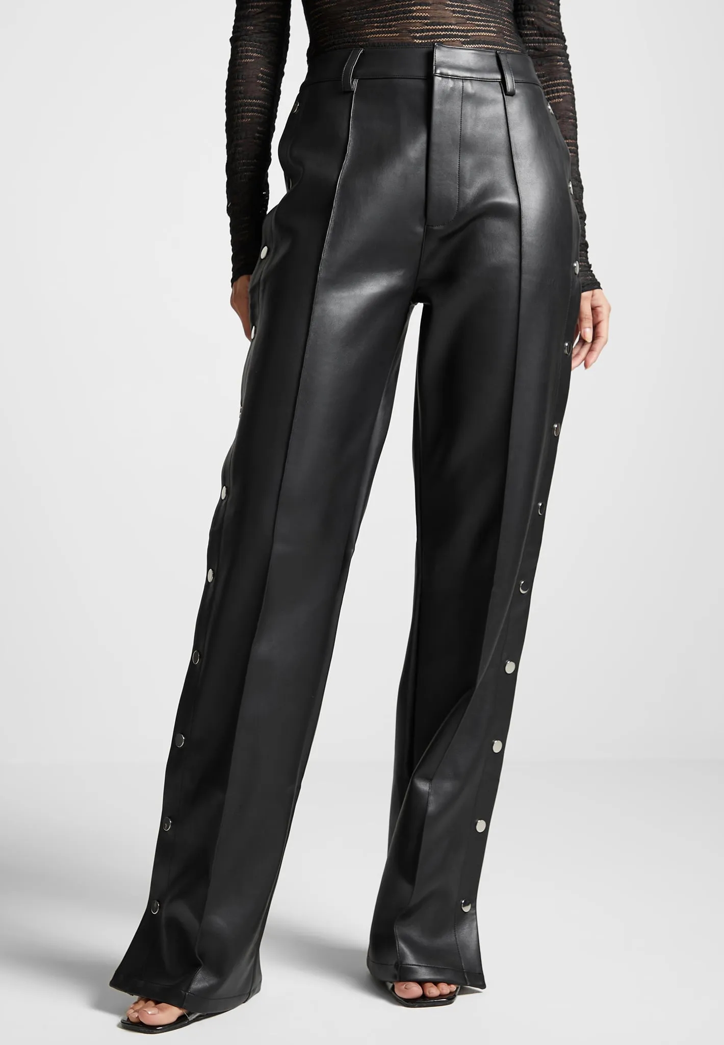 Leather Pintuck Popper Trousers - Black