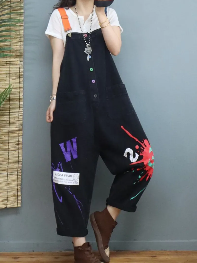 New Stylish Print Denim Loose High Waist Dungarees Overalls