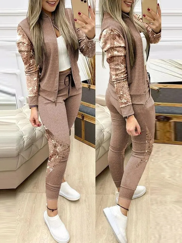 New Two-Piece Set Outfits Autumn Women's Zipper Top and Pants Casual Sport Suit Winter