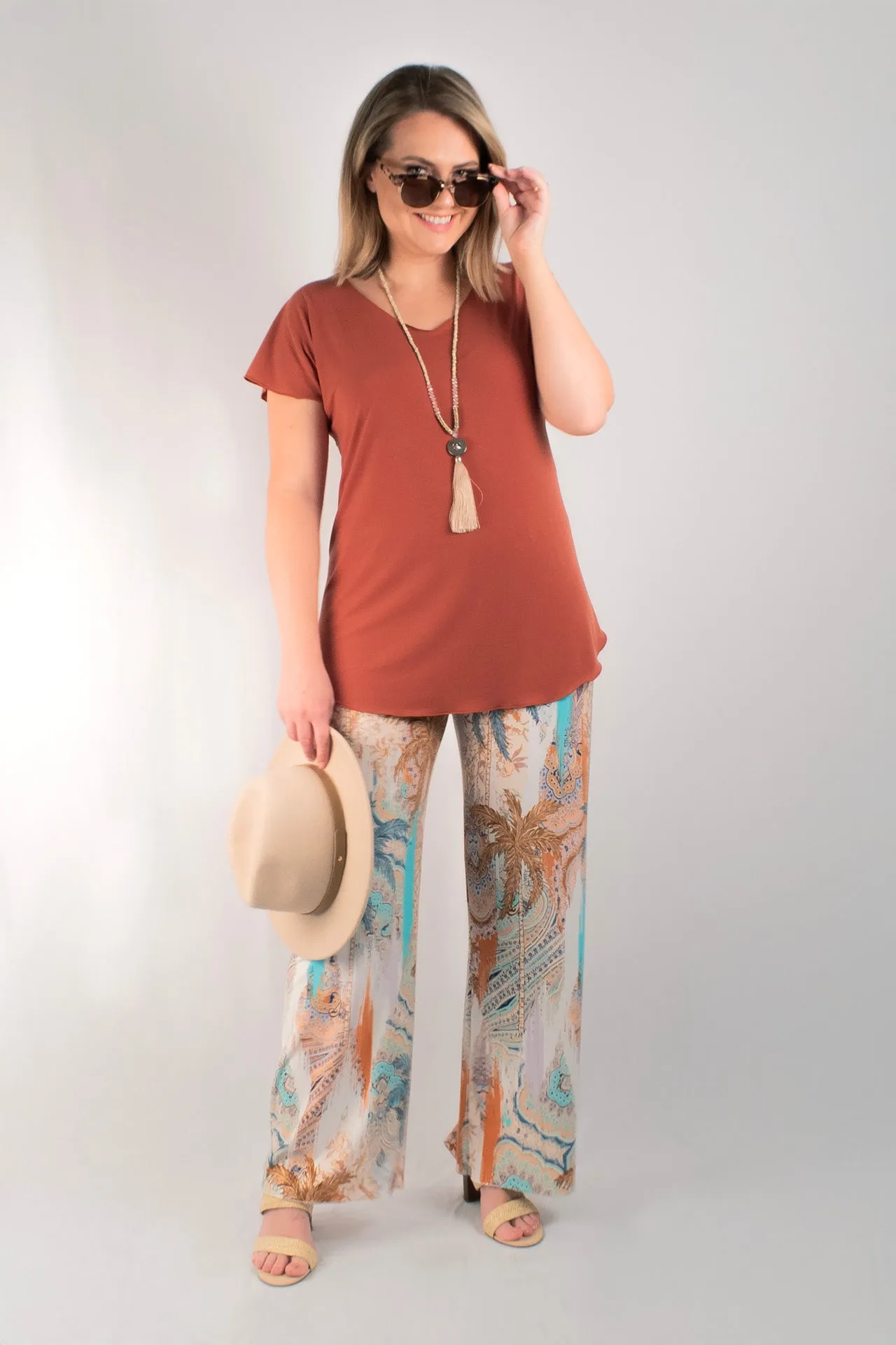 Oasis Print Wide Leg Jersey Palazzo Pants