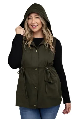 Plus Drawstring Waist Military Hoodie Vest