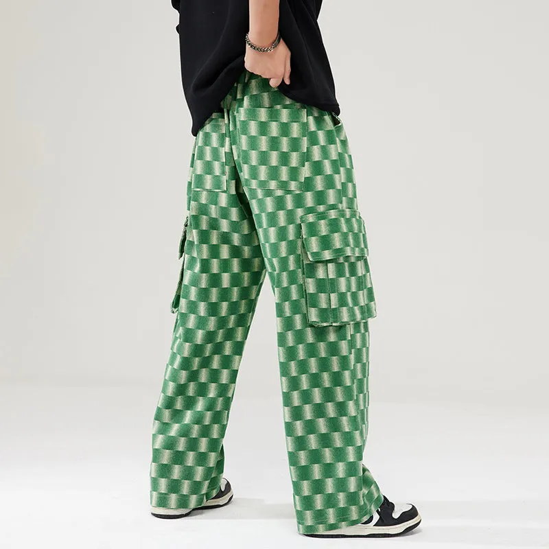 PopFlying Casual Straight Cargo Pants Checkerboard