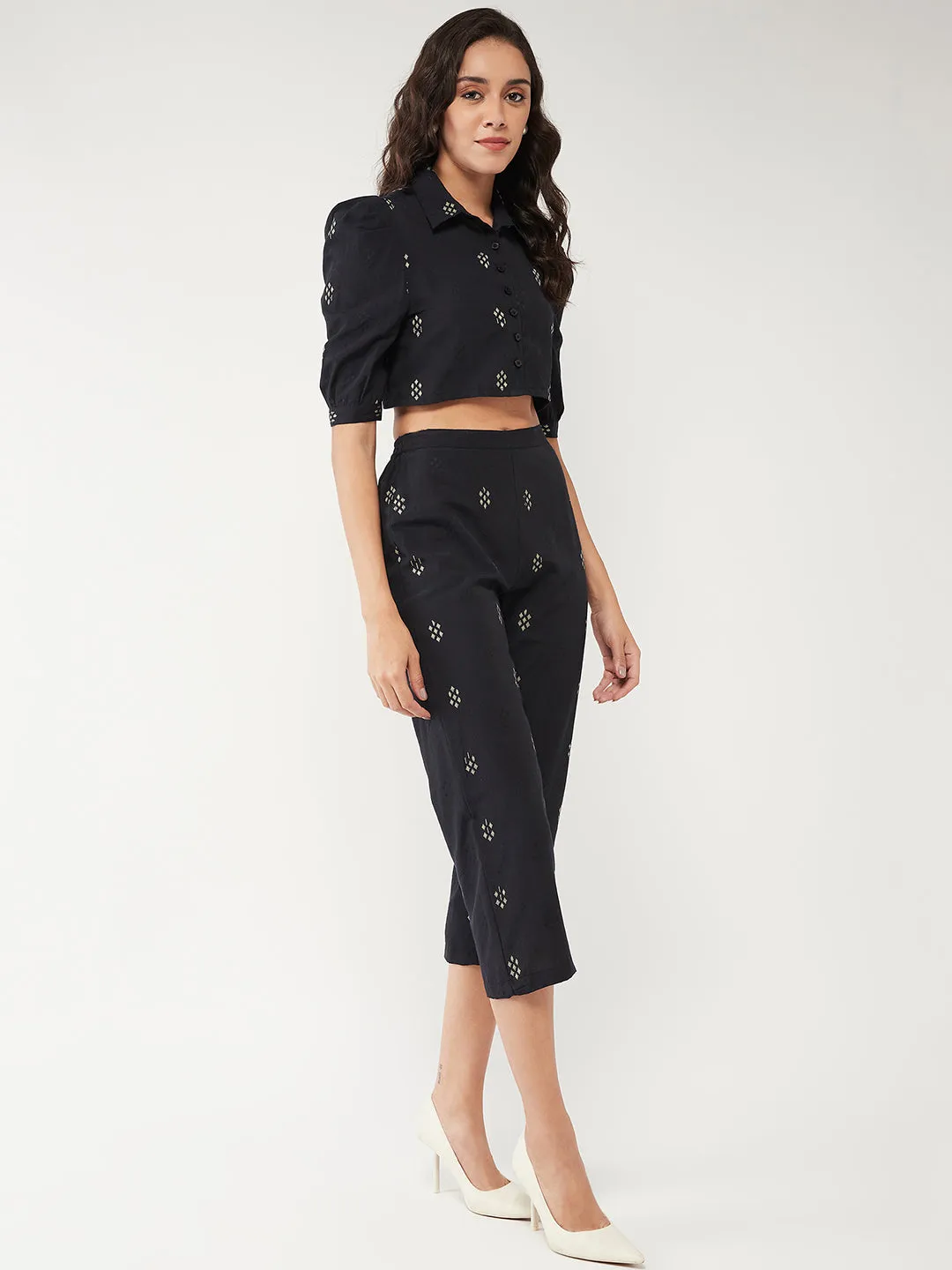 Printed Stylish Crop Shirt Style Top With Pant Set