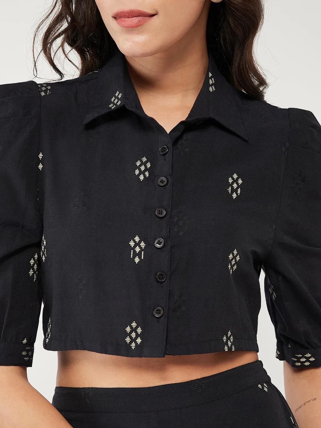 Printed Stylish Crop Shirt Style Top With Pant Set