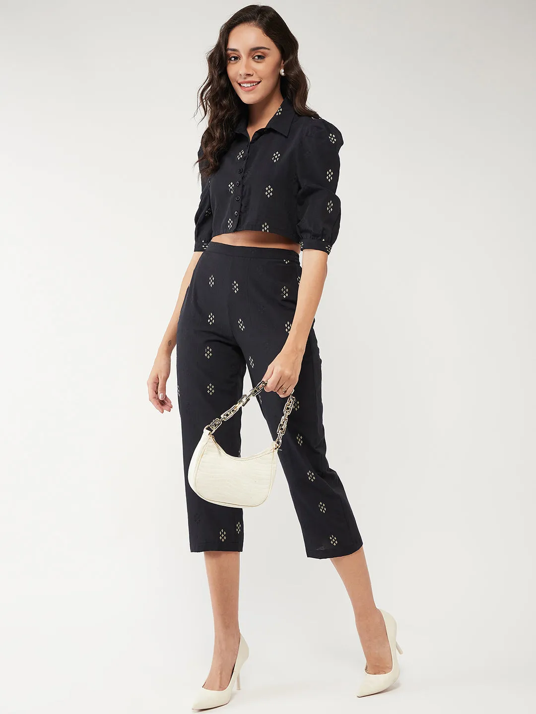 Printed Stylish Crop Shirt Style Top With Pant Set