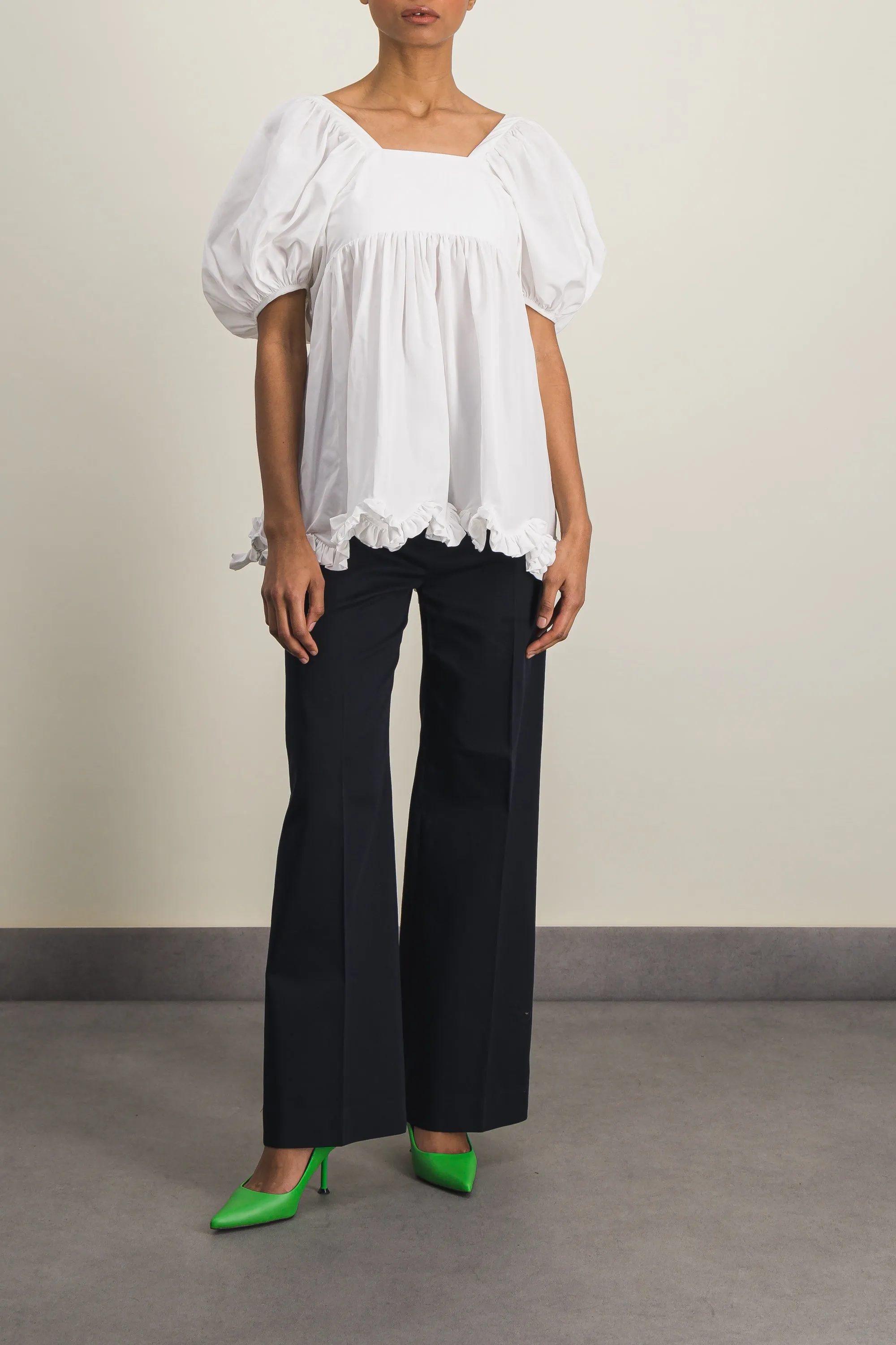 Puff sleeve recycled faille blouse with scallop hem