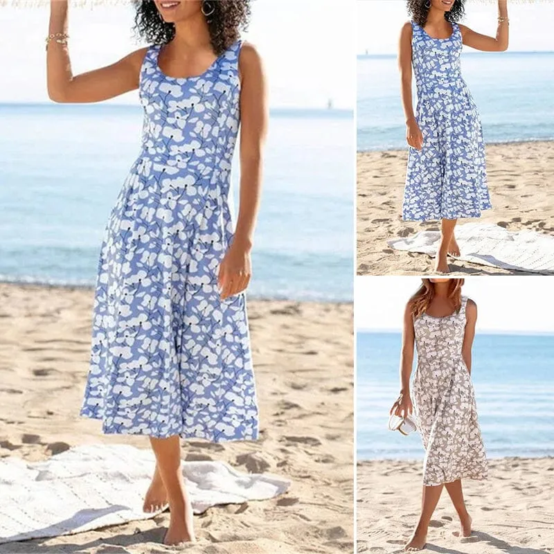 Round Neck Elegant Beach Sleeveless Midi Dresses