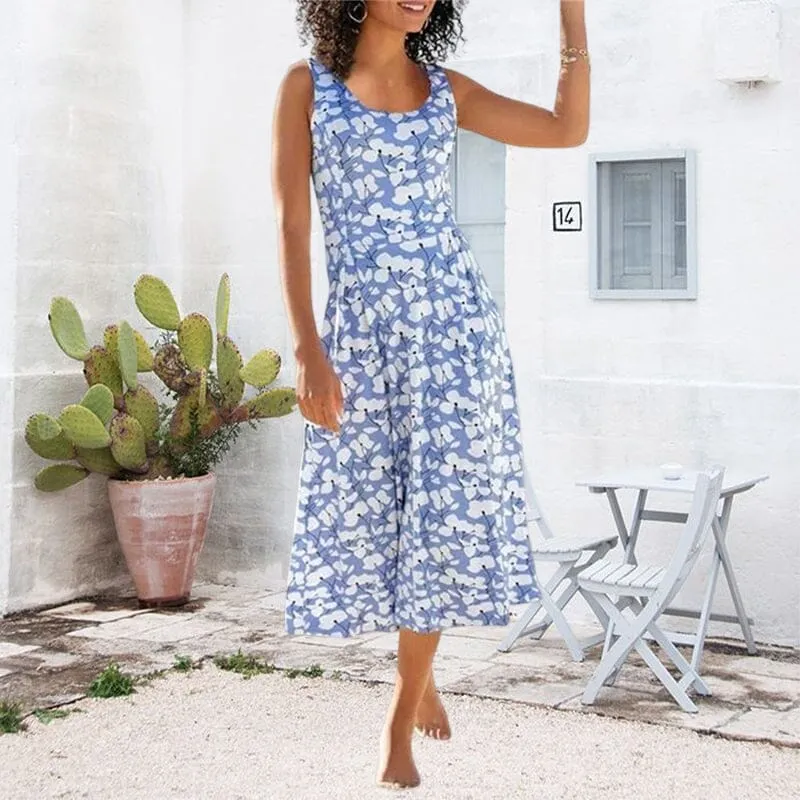 Round Neck Elegant Beach Sleeveless Midi Dresses