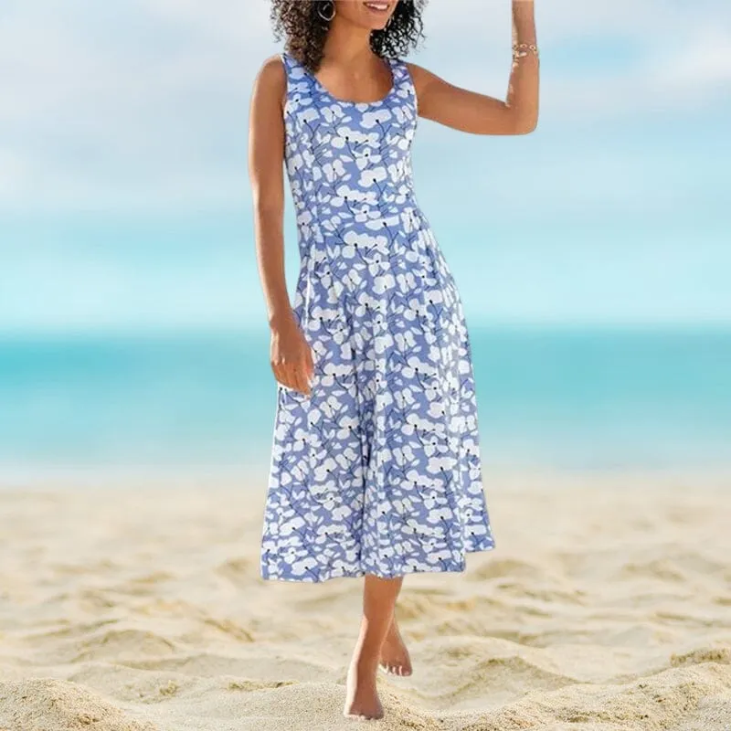 Round Neck Elegant Beach Sleeveless Midi Dresses