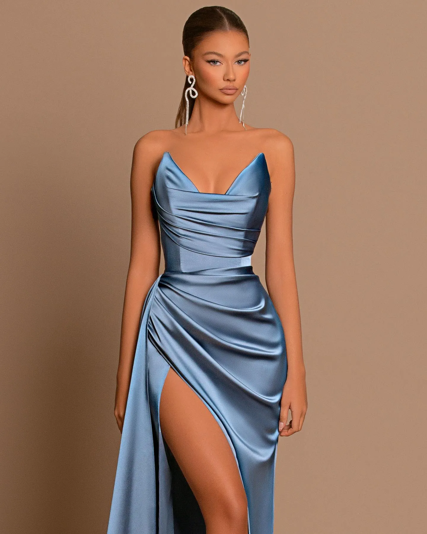 Royal Blue Charmeuse Ball Gown with Elegant Slit Pleats