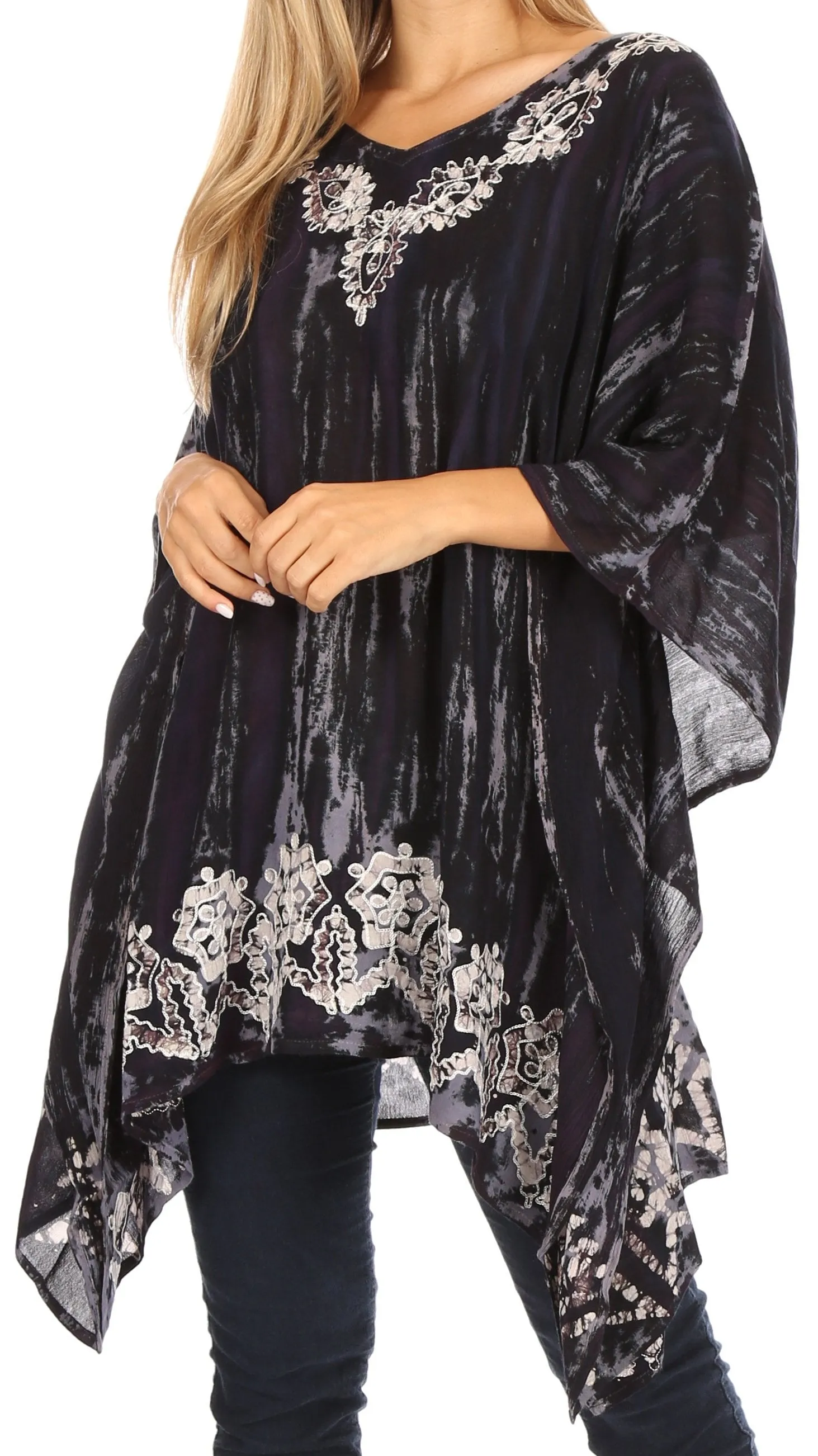 Sakkas Alizia Lightweight Embroidery Batik Top Tunic Blouse Caftan Cover up Poncho