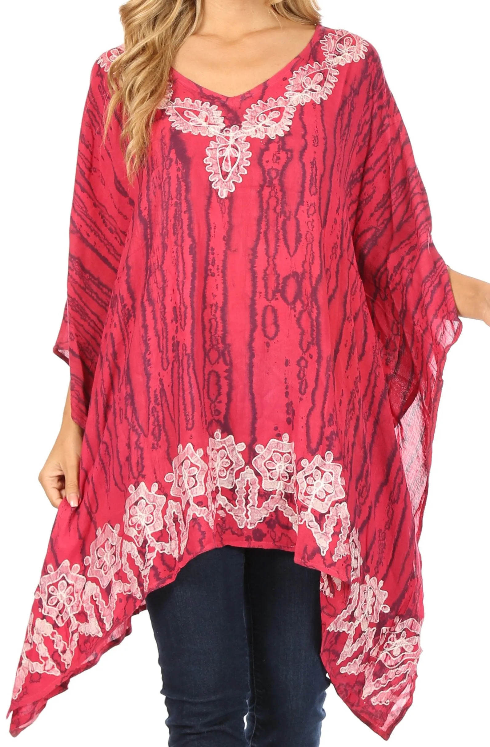 Sakkas Alizia Lightweight Embroidery Batik Top Tunic Blouse Caftan Cover up Poncho