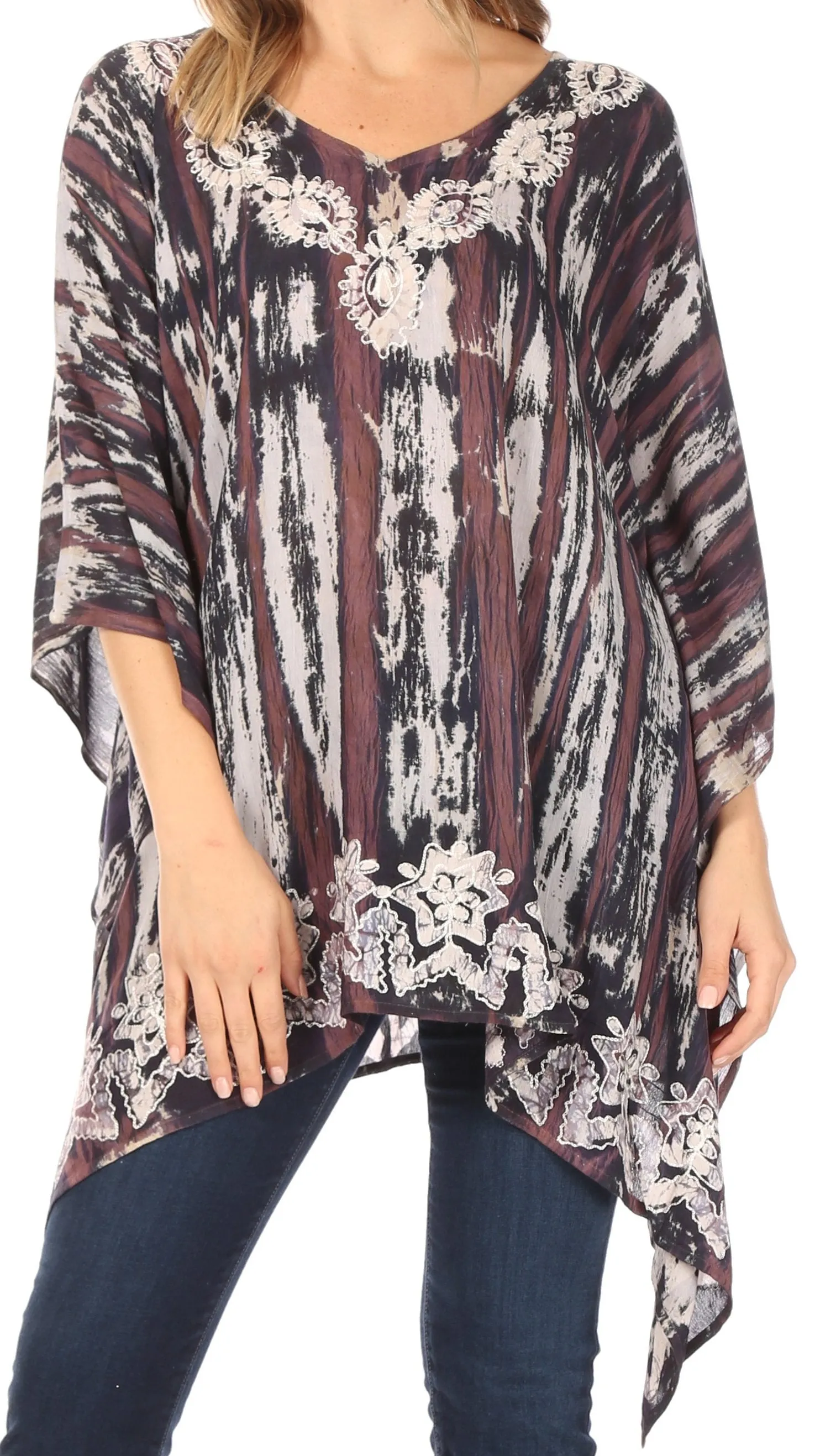 Sakkas Alizia Lightweight Embroidery Batik Top Tunic Blouse Caftan Cover up Poncho