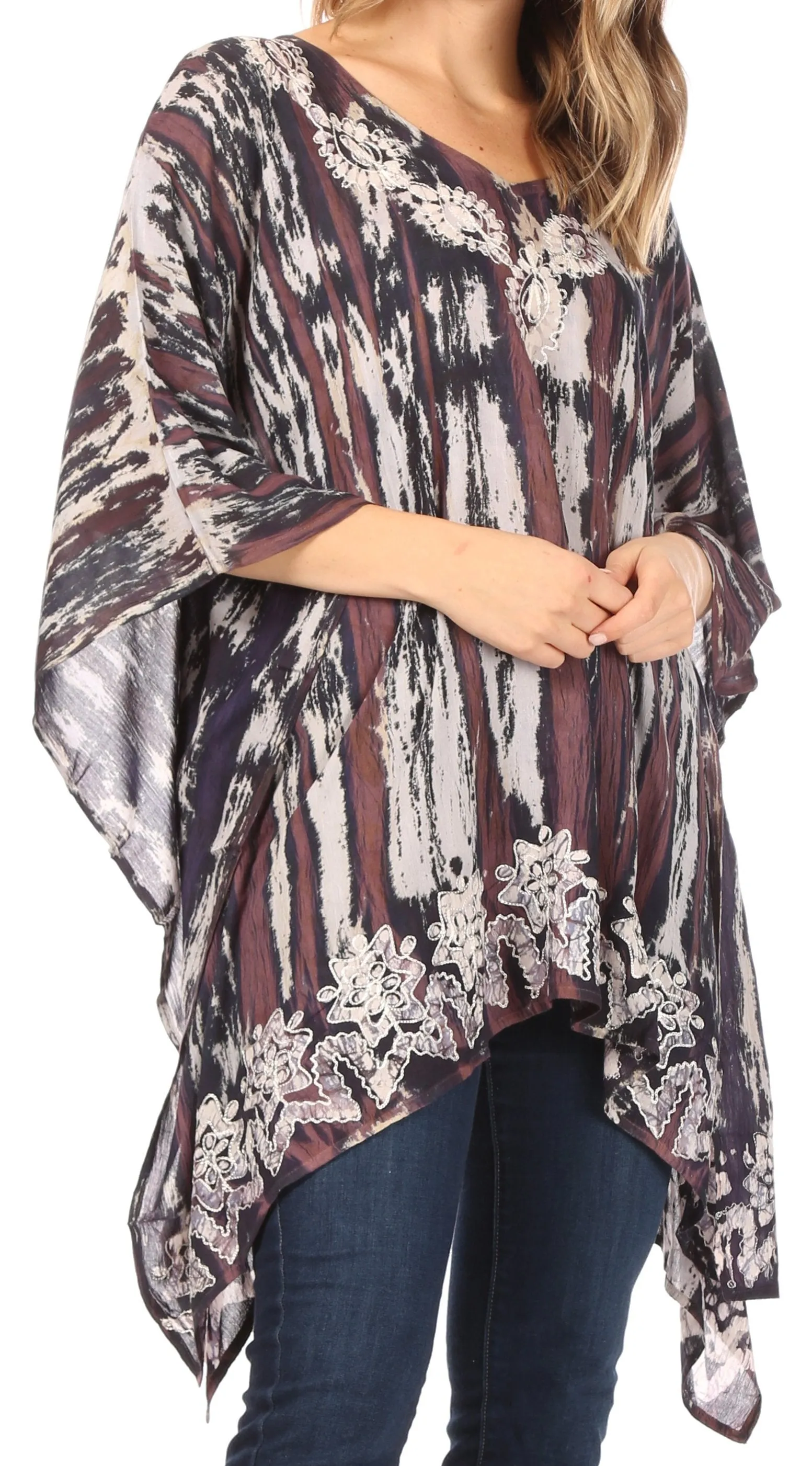 Sakkas Alizia Lightweight Embroidery Batik Top Tunic Blouse Caftan Cover up Poncho