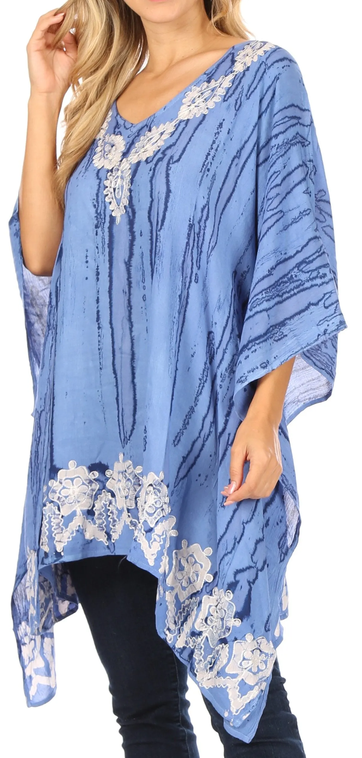 Sakkas Alizia Lightweight Embroidery Batik Top Tunic Blouse Caftan Cover up Poncho