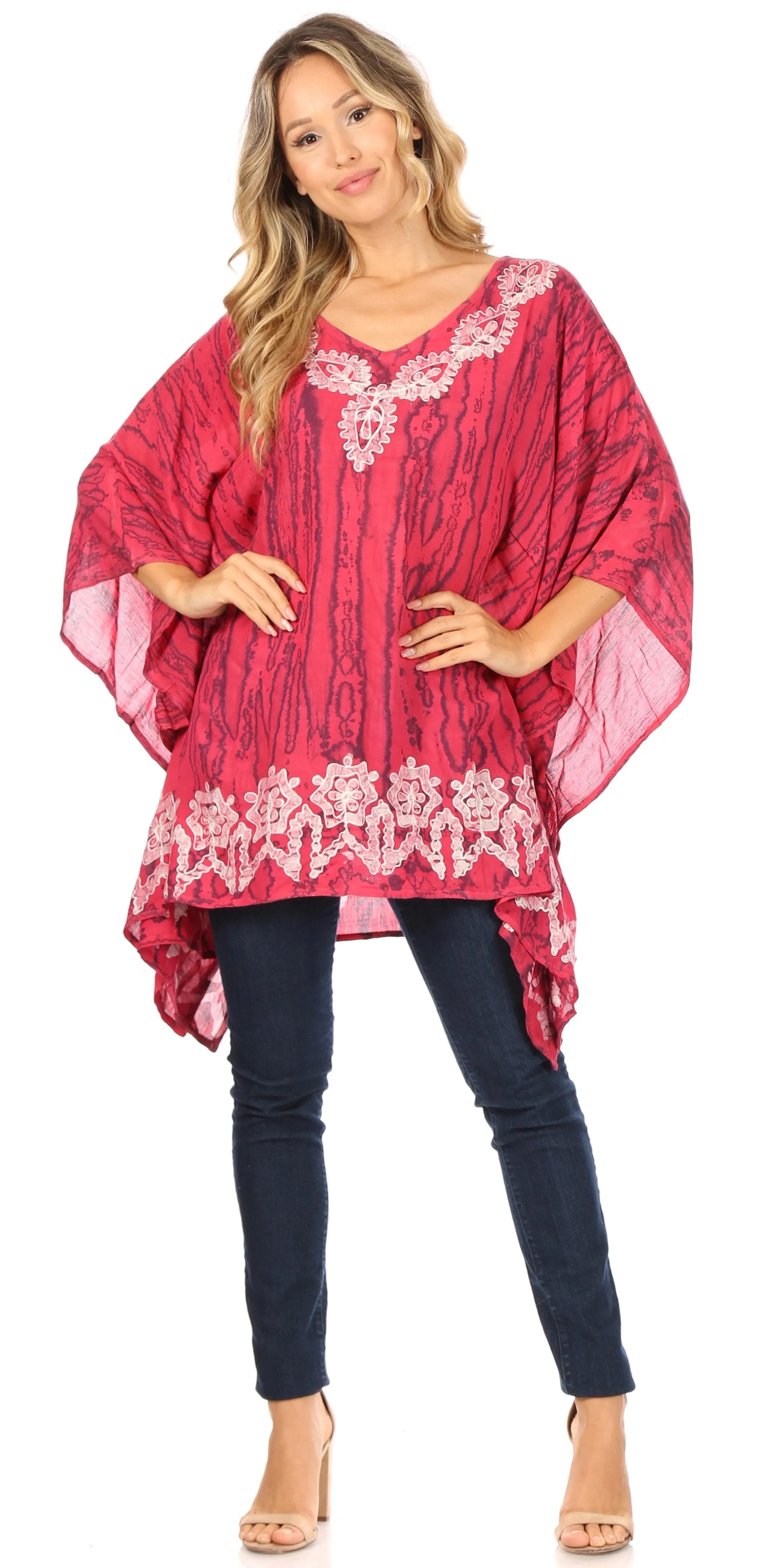 Sakkas Alizia Lightweight Embroidery Batik Top Tunic Blouse Caftan Cover up Poncho