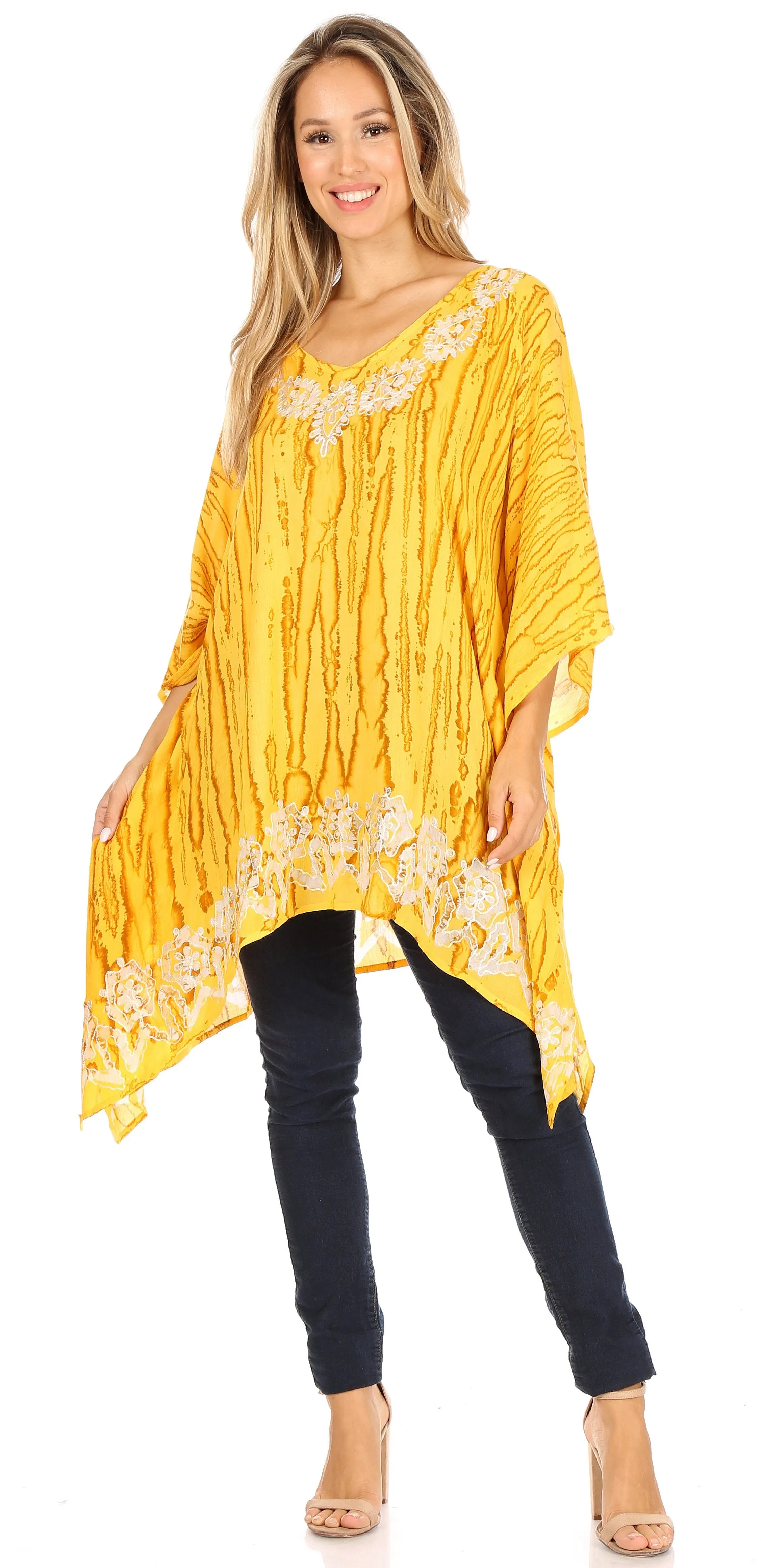 Sakkas Alizia Lightweight Embroidery Batik Top Tunic Blouse Caftan Cover up Poncho