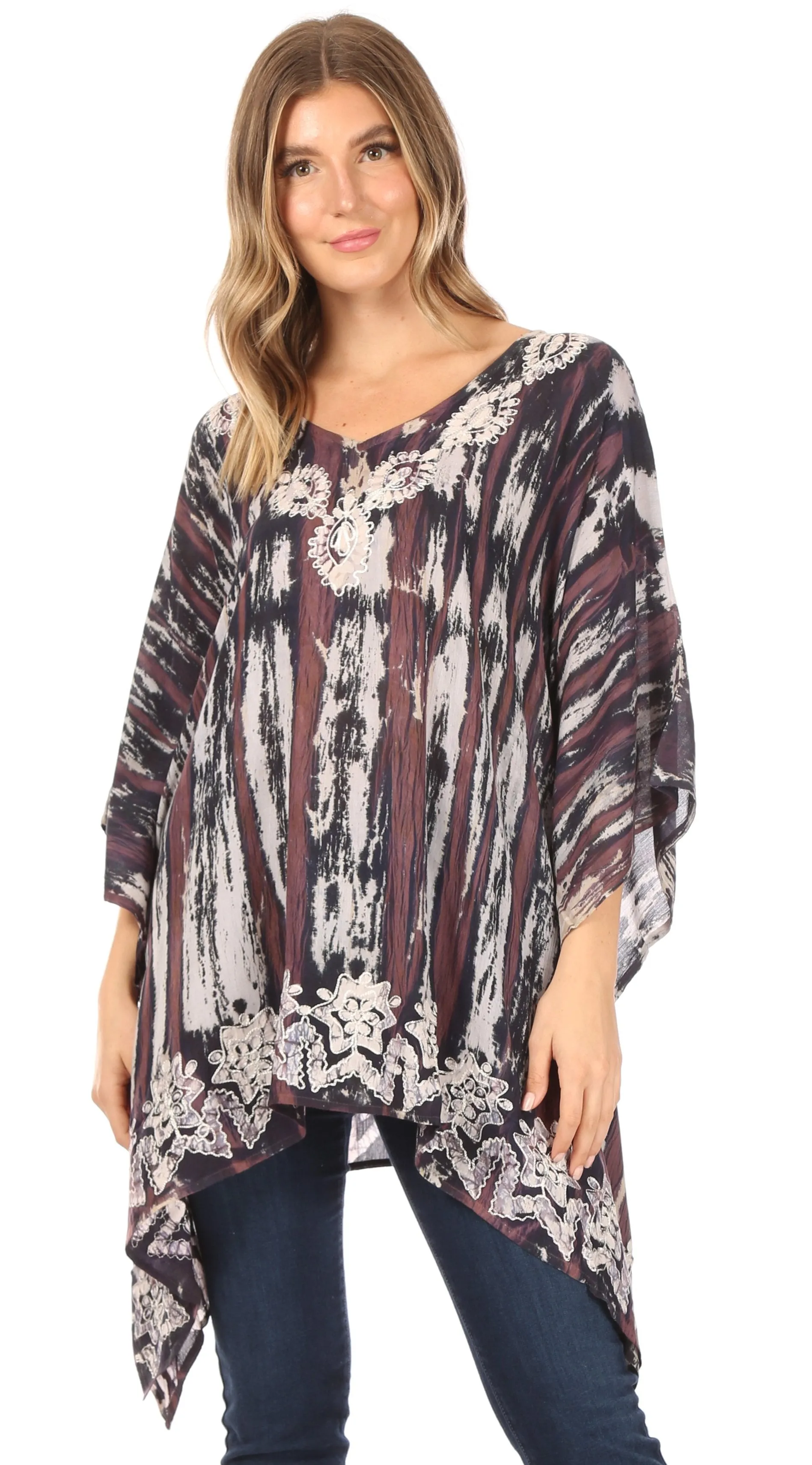 Sakkas Alizia Lightweight Embroidery Batik Top Tunic Blouse Caftan Cover up Poncho