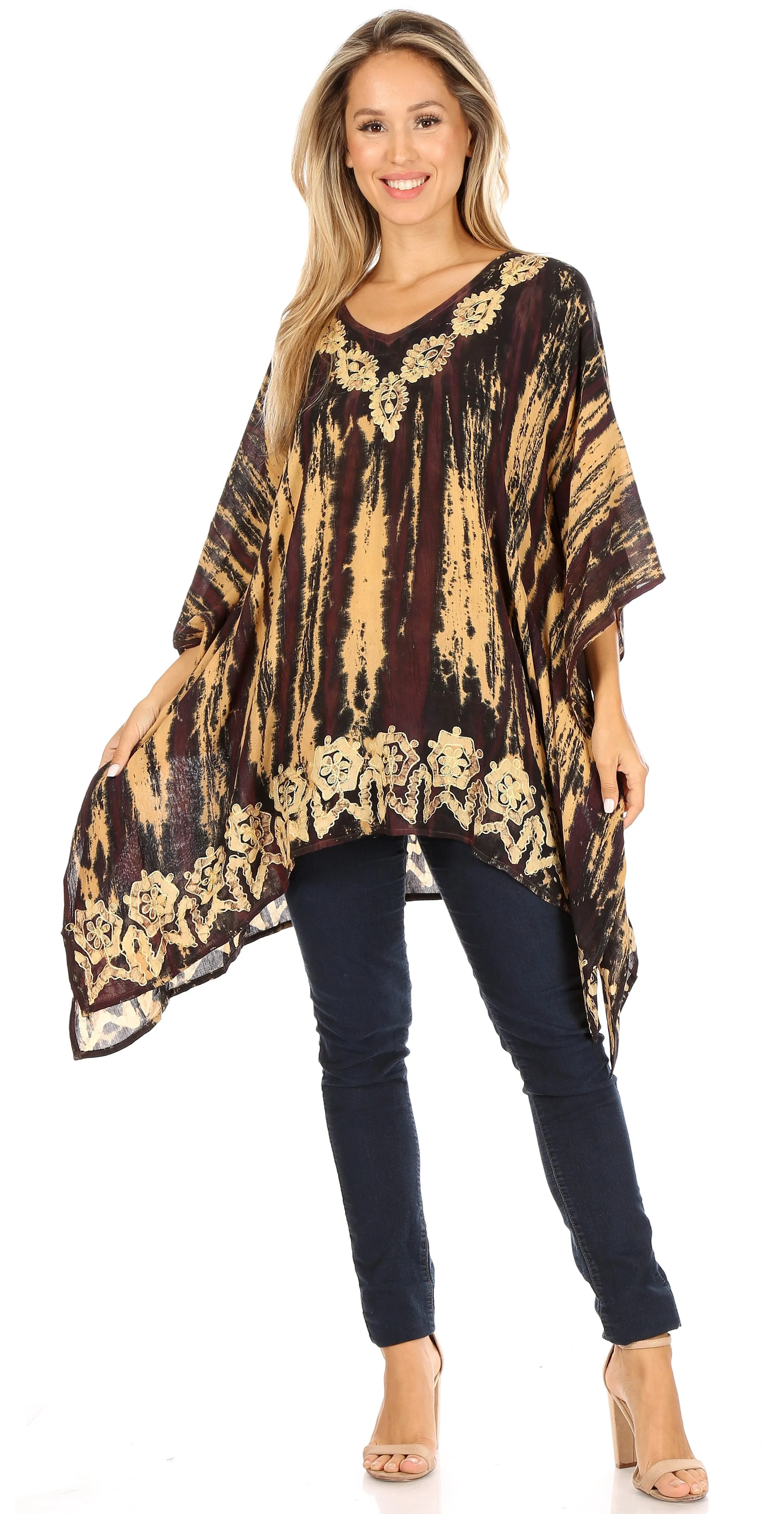 Sakkas Alizia Lightweight Embroidery Batik Top Tunic Blouse Caftan Cover up Poncho