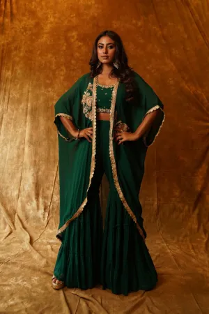 Sharara Cape & Embroidered Inner Set in Emerald Green