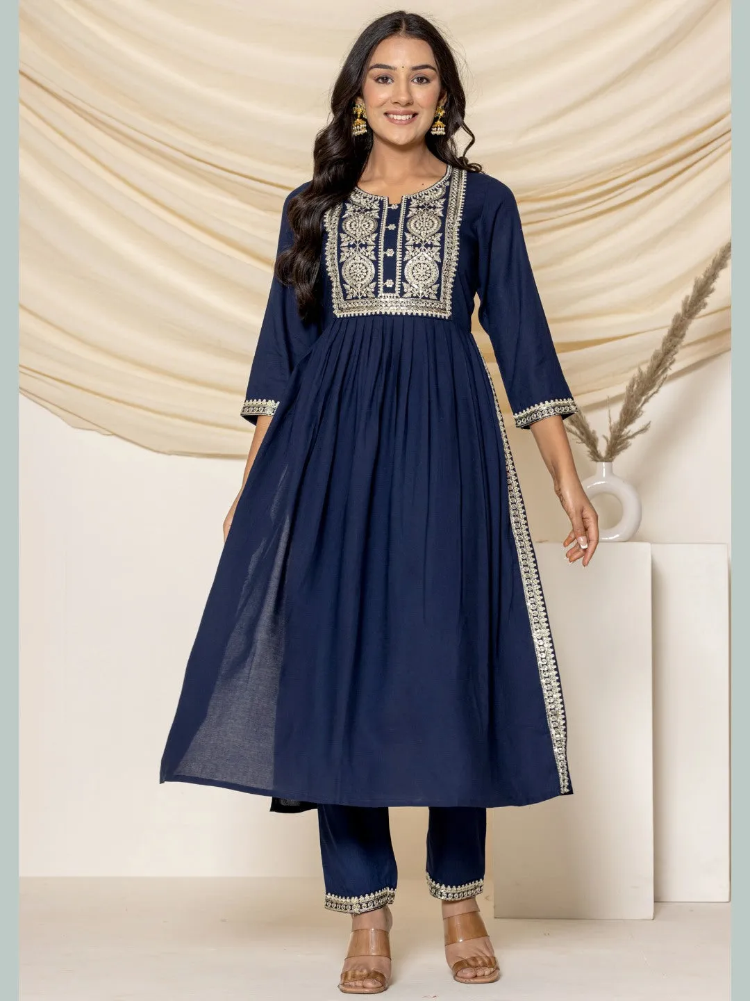 Solid Emboidered Nyra Cut Kurta with Pants - Navy