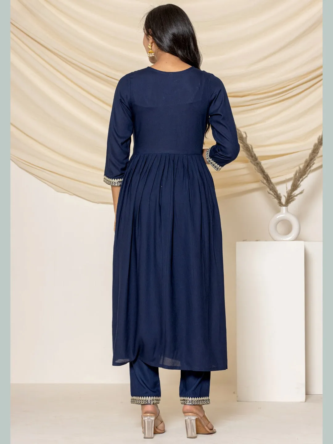 Solid Emboidered Nyra Cut Kurta with Pants - Navy