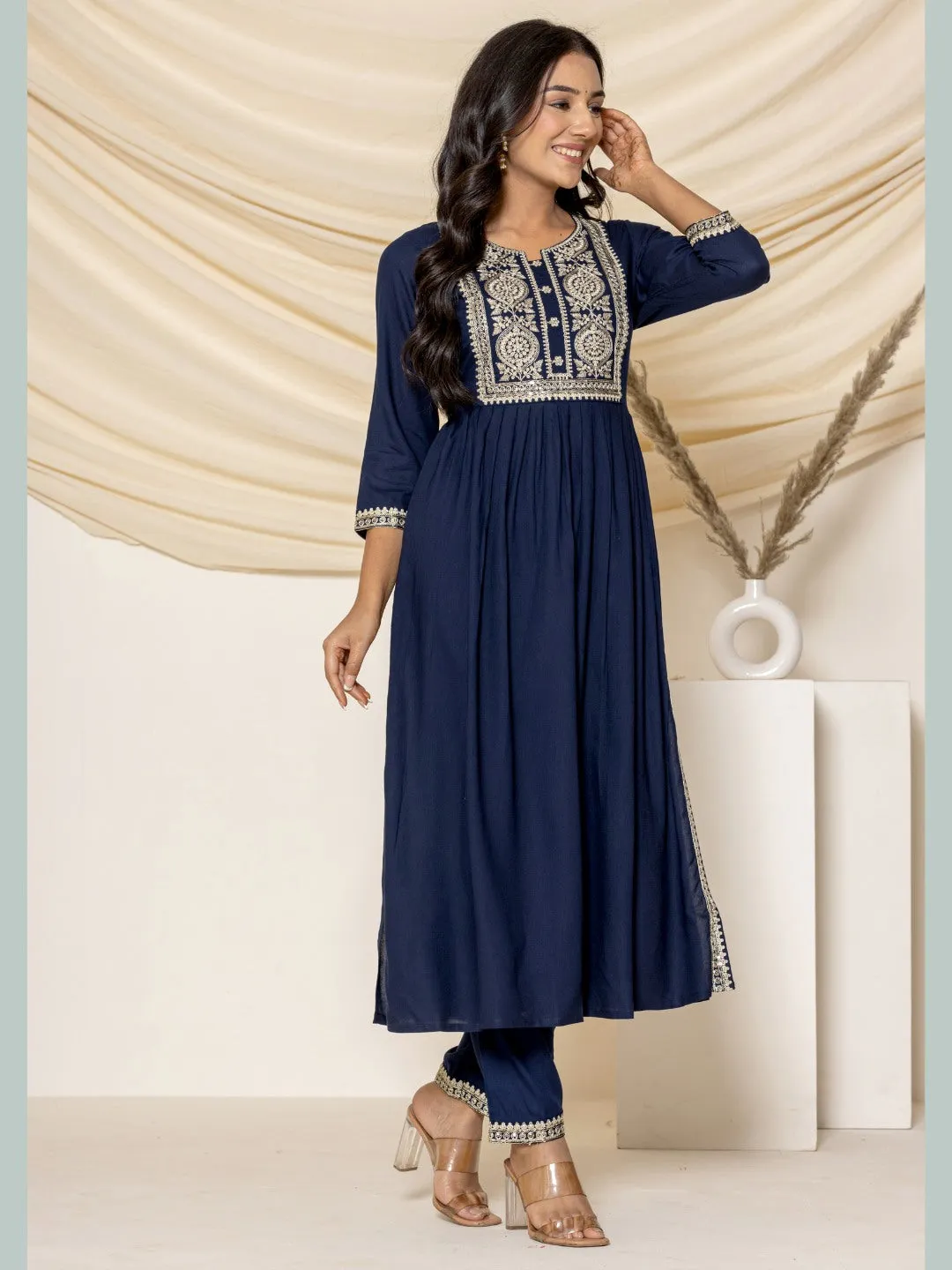 Solid Emboidered Nyra Cut Kurta with Pants - Navy