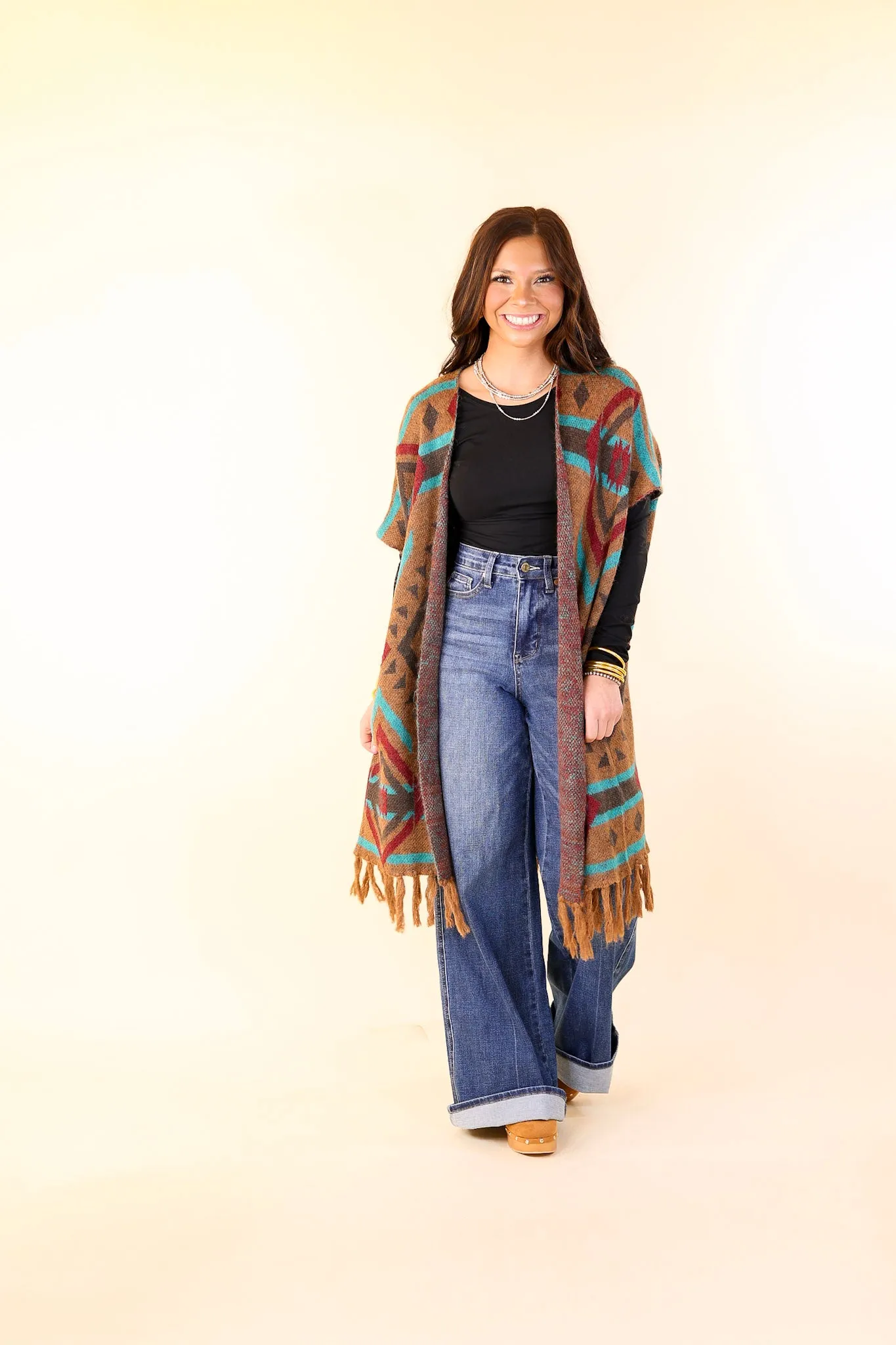 South Texas Sunset Aztec Print Wrap Poncho Vest in Turquoise and Camel