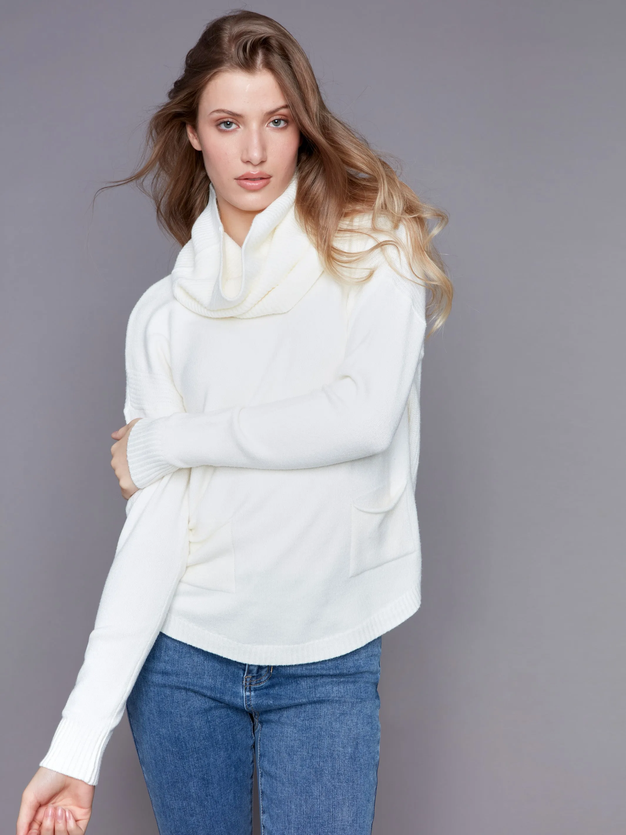 Sweater with Removable Scarf - Ecru