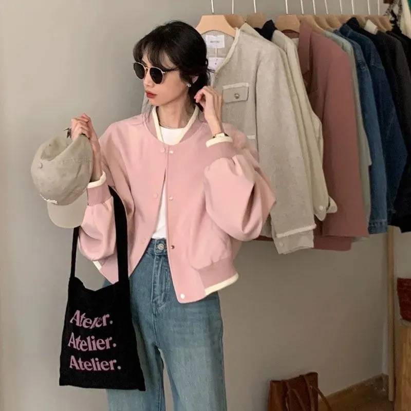 Territory  Pink Bomber Cropped Jacket Women Korean Fashion Oversize Casual Short New Jackets Spring Chic and Elegant Aesthetic