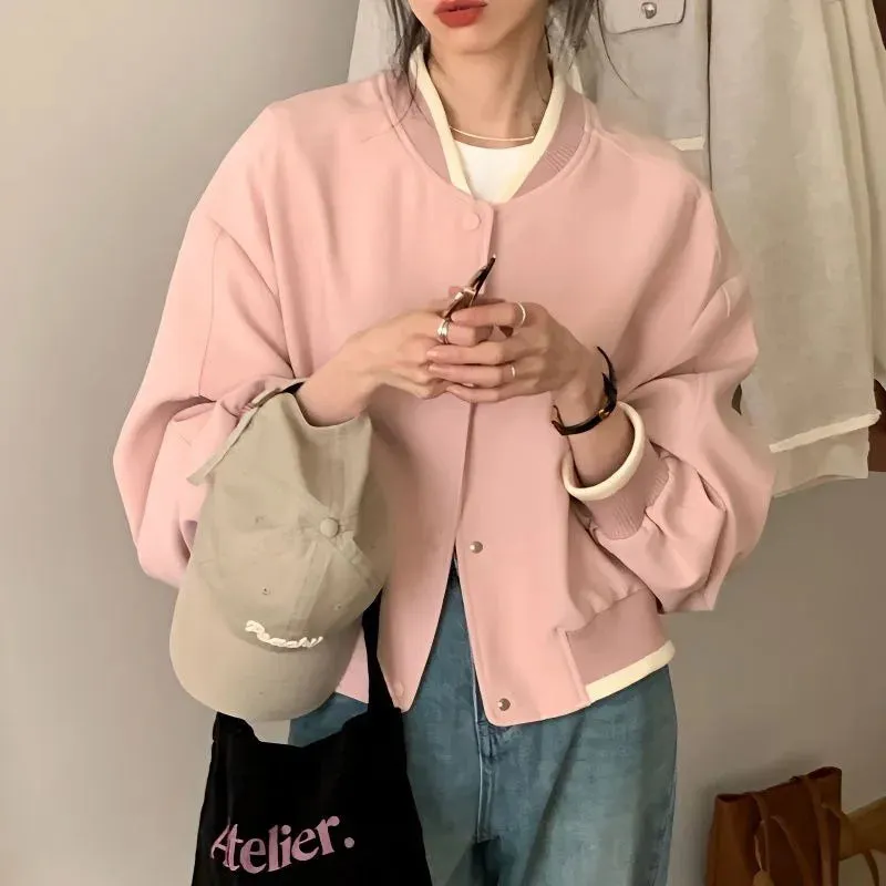 Territory  Pink Bomber Cropped Jacket Women Korean Fashion Oversize Casual Short New Jackets Spring Chic and Elegant Aesthetic