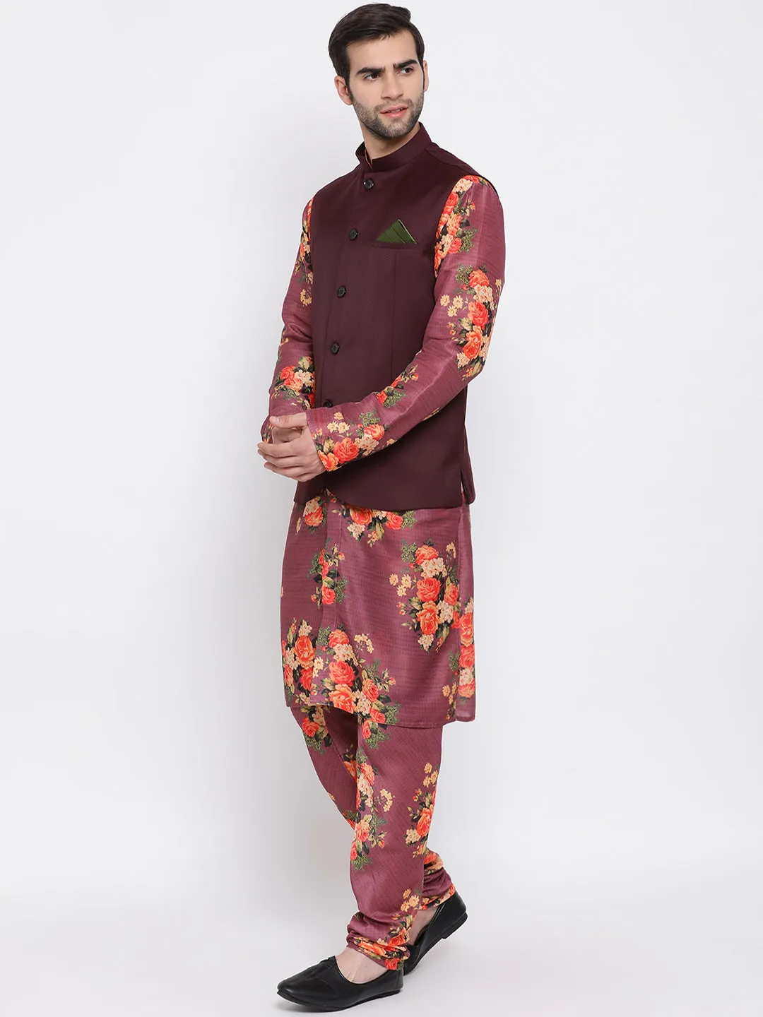 VASTRAMAY Maroon Jacket and Printed Kurta Set