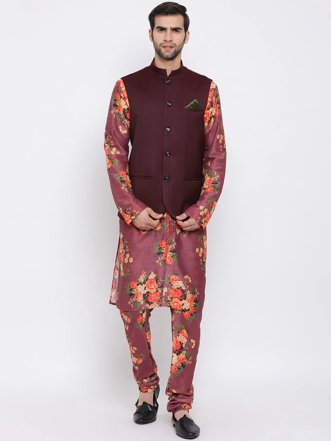 VASTRAMAY Maroon Jacket and Printed Kurta Set