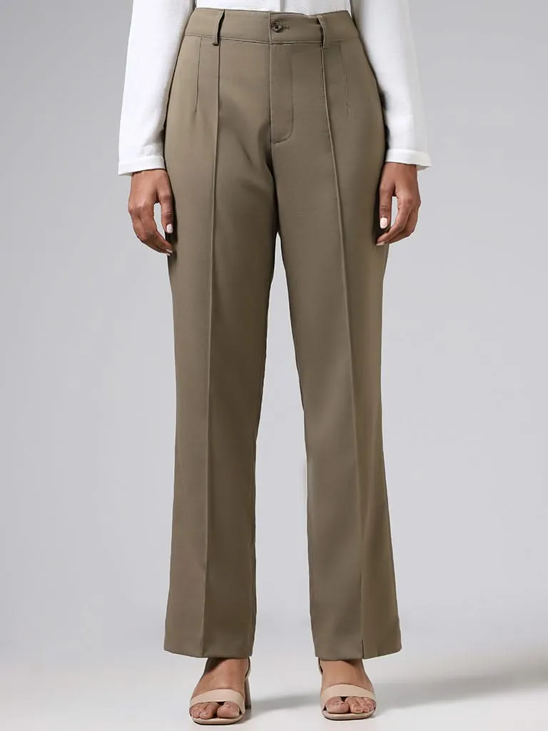 Wardrobe Solid Khaki Seam Detail Trousers