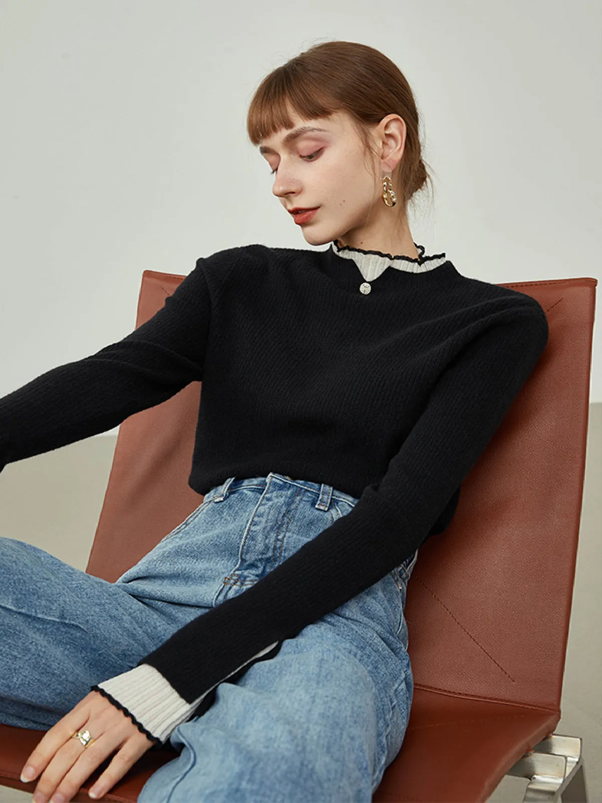 Wenkouban-Christmas Thanksgiving outfits_Contrast Trim Mock Trendy Neck Knit Top