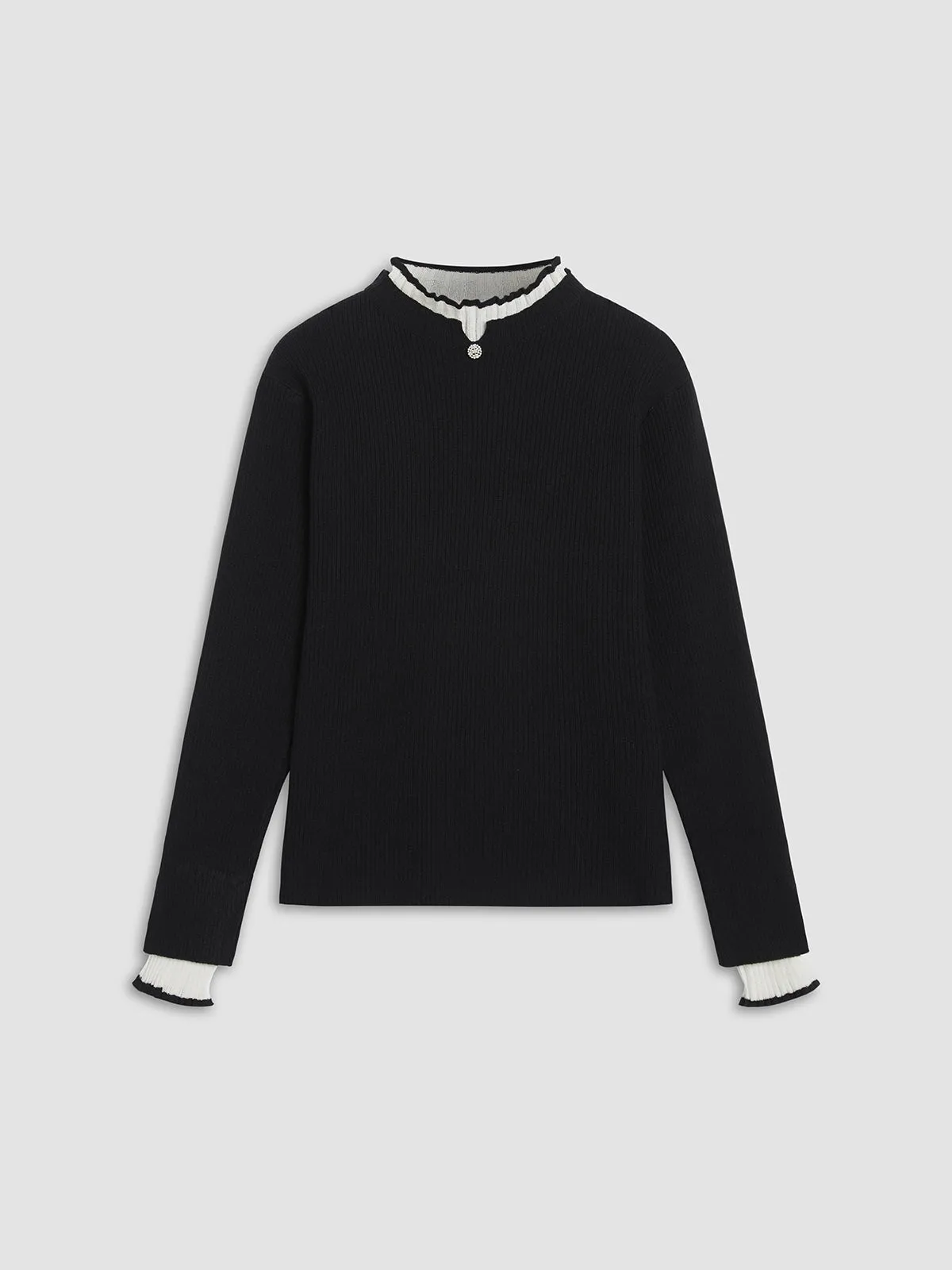 Wenkouban-Christmas Thanksgiving outfits_Contrast Trim Mock Trendy Neck Knit Top