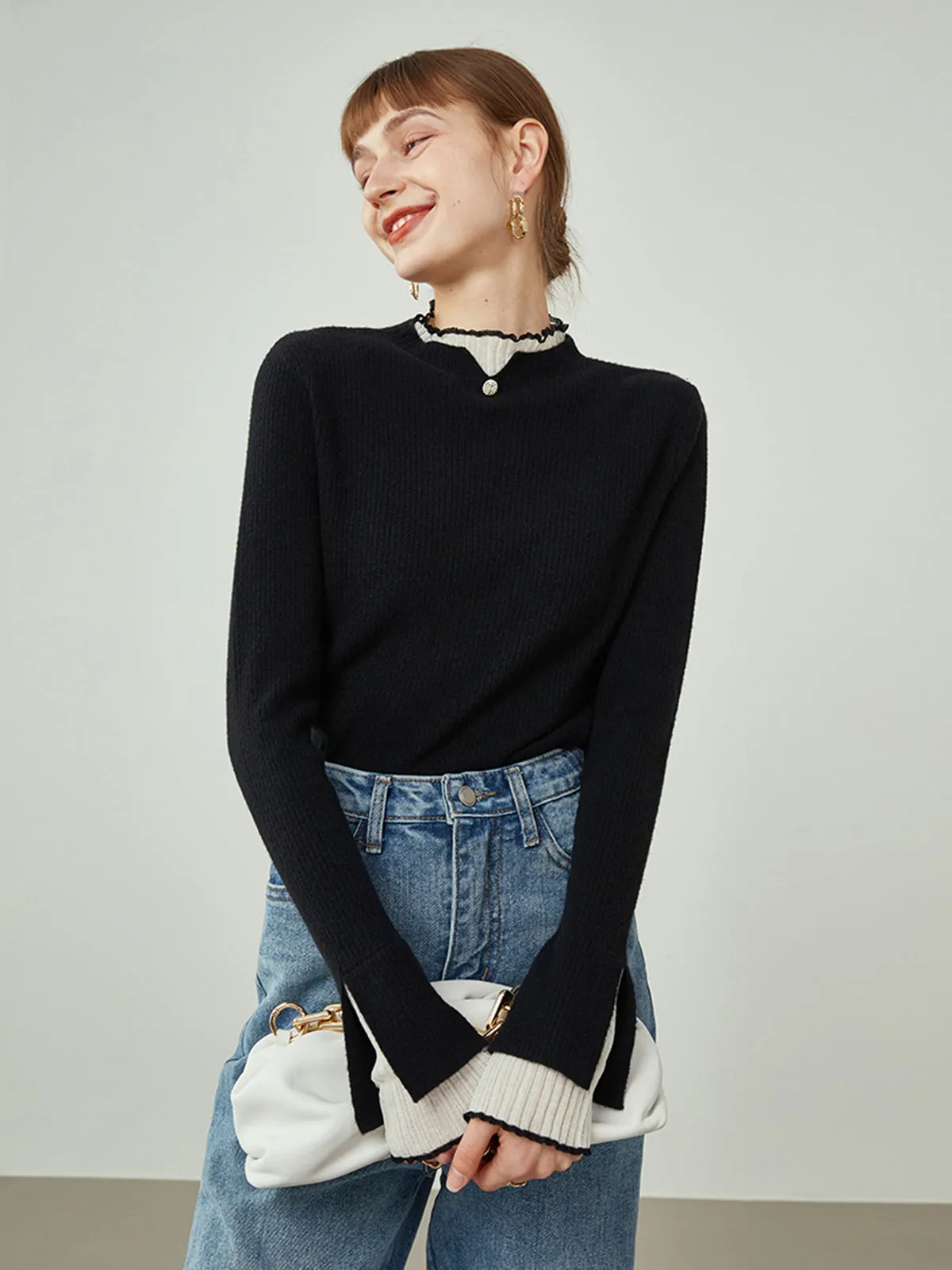 Wenkouban-Christmas Thanksgiving outfits_Contrast Trim Mock Trendy Neck Knit Top