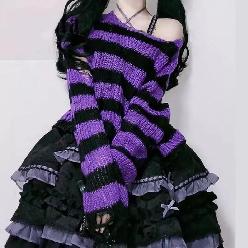 Wenkouban Pink Striped Gothic Sweaters Women Ripped Holes Loose Knitted Pullover Frayed Fairy Grunge Jumpers Emo Streetwear Lolita